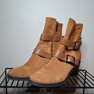 Donald Pliner Suede Booties – Leather Straps, Motorcycle Style, Size 9.5